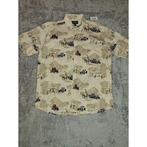 Bit & Bridle Novelty Print Button Up Short Sleeve Shirt Horses Cars Equestrian L